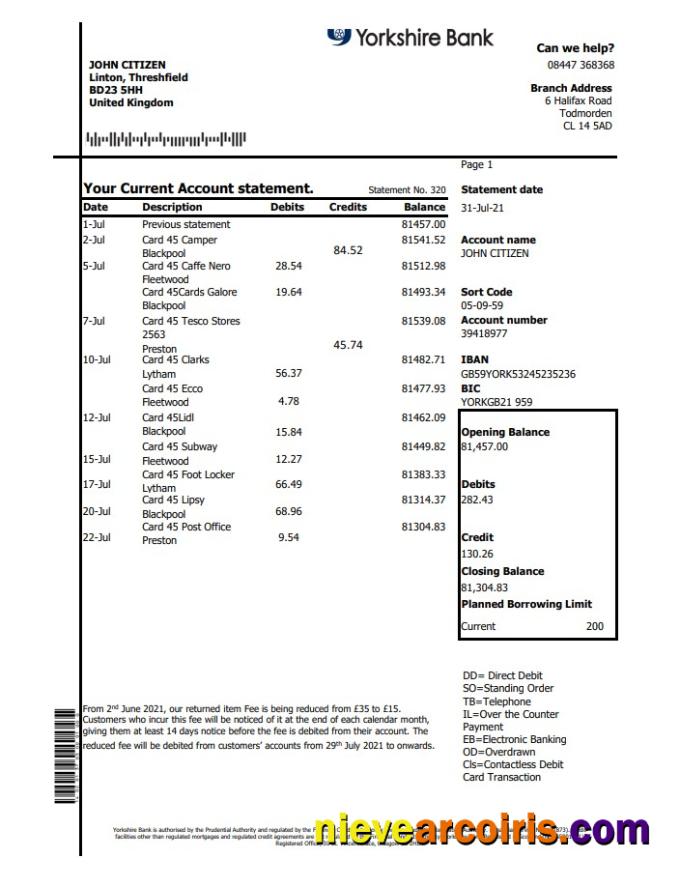 United Kingdom Yorkshire bank statement easy to fill in Excel and PDF format